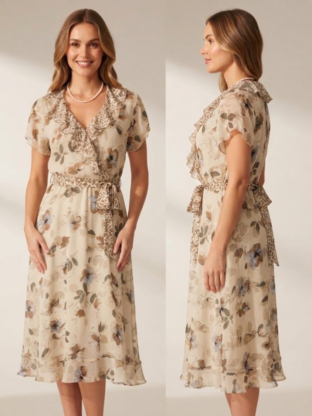 MSK Beige White Brown Floral Print Ruffeled Colar with Belt Dress Women's Size 6
